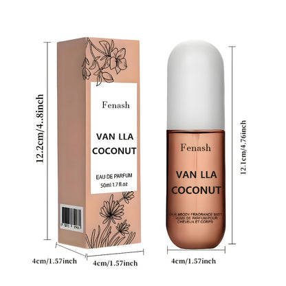 Vanilla Coconut Body Spray & Hair Mist — Long-Lasting Gourmand Floral Fragrance with Vitamin E & Moroccan Argan Oil, Skin-Safe for All Types
