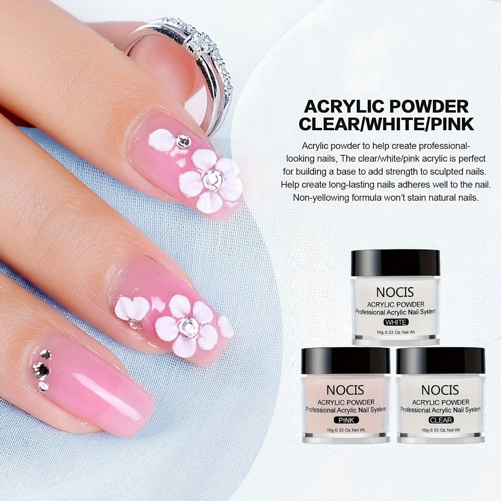 NOCIS Nail Art Kit: Clear White Pink Acrylic Powder, Liquid Monomer And Brush Set for Extensions, Carving And Manicure - Perfect Gift for