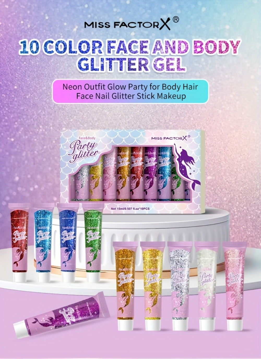 10 Color Set Face & Body Glitter - Cosmetic-Grade Holographic Glitter Gel - Makeup For Festivals, Raves, Anime Cosplay - Safe For Face, Easy Application & Removal
