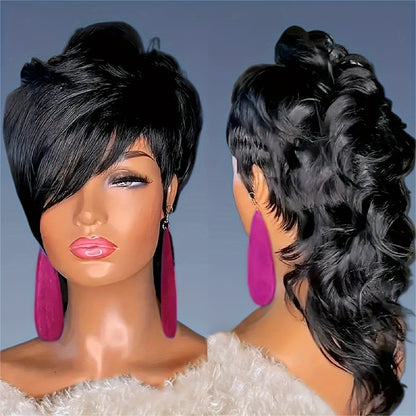 Pixie Cut Mullet Wig with Bangs for Women Curly Wave Synthetic Short Hair Wig 150% Density Rose Net Cap Heat Resistant Fiber Natural Realistic Look Low Maintenance