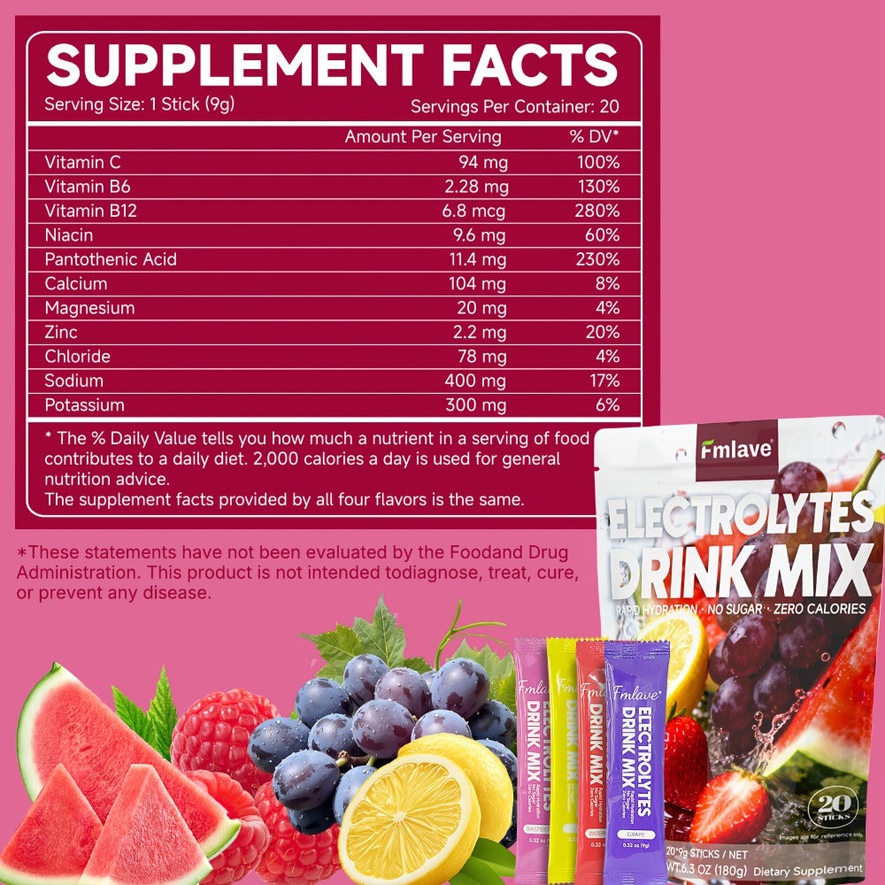 Electrolyte Drink Mix - Hydration Powder for Rapid Rehydration, Supports - Zero Sugar/Zero Calorie with Vitamins C/B6/B12 - 20 Single-Serving Sticks for Workouts, Travel & Daily Use