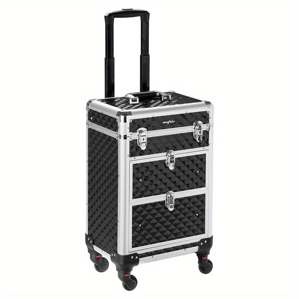 OmySalon Aluminum Rolling Makeup Train Case, Portable Makeup Organizer Suitcase, Cosmetic Storage Box, Travel Beauty Luggage Trolley Lockable W/4 Removable Wheels & 2 Sliding Drawers, Valentines Day Gift for Her (Black), Valentine's Day And Other Festival