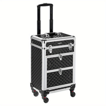 Rolling Makeup Train Case Aluminum Lockable Trolley with 4 Wheels 2 Sliding Drawers Telescopic Rod Portable Cosmetic Organizer Suitcase for Makeup Artists Salon Travel Beauty Storage Black
