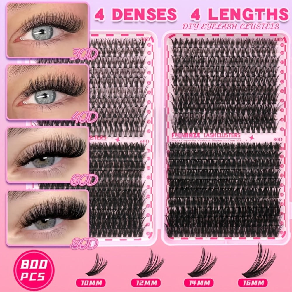 Lash Clusters Kit Wispy Volume Eyelash Extensions Mega Volume Cluster Lashes Mixed Length 800pcs-30D40D60D80D Volume Styles Kit With Bond Seal & Applicator Romantic For Prom Glam Lashes Party Lashes For Long Lasting Prom Look