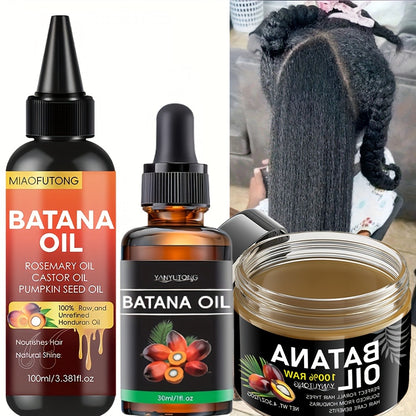 Batana Oil Hair Care Set 3PCS - Honduras Pure Cold-Pressed Batana Hair Oil, Cream & Essential Oil for Dry Hair, Scalp Moisturizer, Anti-Breakage, Split End Repair, All Hair Textures