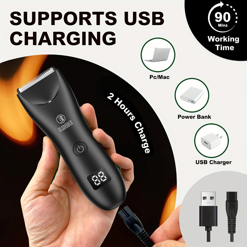 Men's Ball Trimmer - IPX7 Waterproof Body Hair Trimmer, Ceramic Blades, LCD Battery Display, Replaceable Blade Head, Electric Shaver