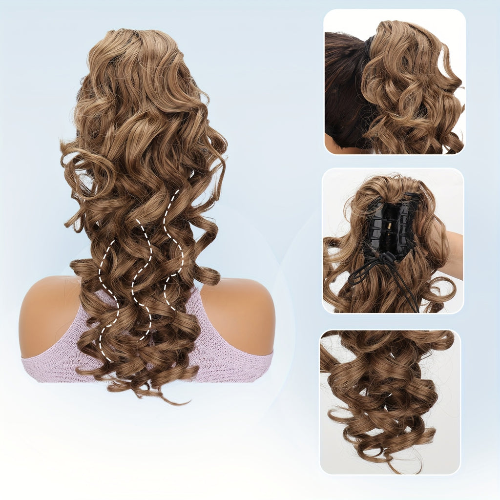 Elegant Curly Wave Ponytail Extension - Synthetic Heat-Resistant Hairpiece for Women, Dark Brown to Blonde Gradient, Voluminous Scroll Curls, Perfect for Daily Wear & Special Occasions