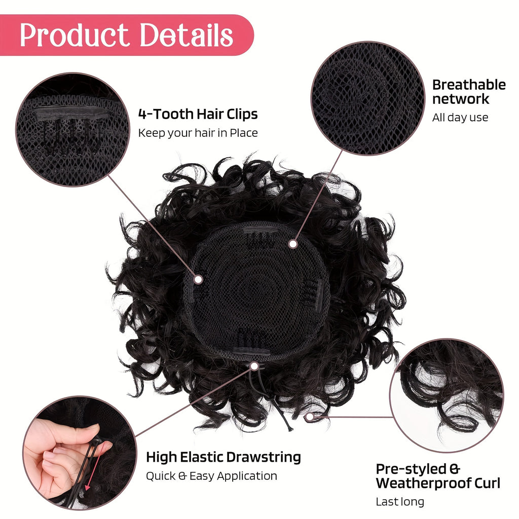 FESHFEN Messy Bun Short Curly Ponytail Extension with Elastic Drawstring, Loose Hair Bun Pieces for Women with Thinning Hair, Made from High-Temperature Synthetic Fiber, Weighing 80G
