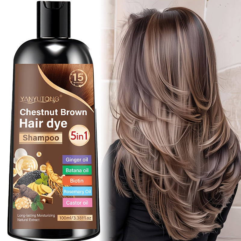 5-In-1 Triple Color Hair Dye Shampoo, Containing Ginger Oil, Biotin, Rosemary Oil, Castor Oil, And More. Gentle on The Scalp, Quickly Covers Gray Hair. Available in Black, Brown, And Chestnut Brown