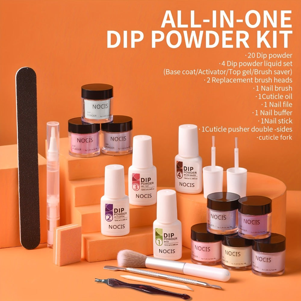 NOCIS 33pcs Impregnation Powder Nail Art Kit - Dip Manicure Kit with 20 pink purple brown Glittering Colors, Top/Primer Activator, and French Style Nail DIY Essentials for Salon-Quality Results at Home - Perfect Gift for Girls
