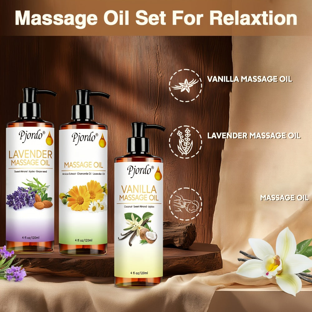 3pcs 4.06 oz Massage Essential Oil Set, Vanilla Oil, Arnica Oil, Lavender Massage Oil For Date Night, Massage Roller Ball, Moisturizing Massage Kit, For All Skin Types, Scented, Unisex-adult