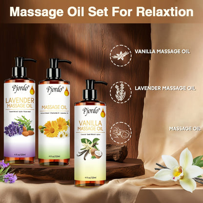 Massage Oil Set 3pcs | Vanilla Arnica & Lavender Essential Oils | Roller Ball Moisturizing Body Massage Kit for Date Night Relaxation | All Skin Types Unisex 4.06oz