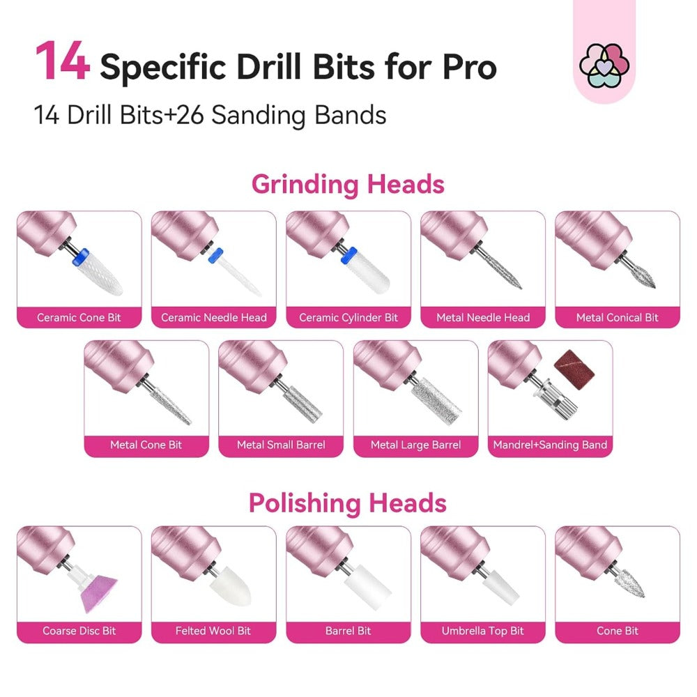 SAVILAND Professional Nail Drill 40000 RPM | Bright Pink Diamond Nail Drill Kit with 4000 mAh Rechargeable Battery, LCD Display, Brushed Motor, Includes Ceramic Nail Drill Bits and Sanding Bands for Salon Use