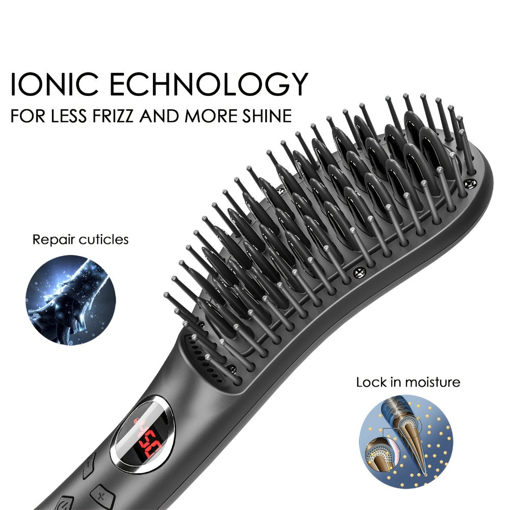 Ceramic Hair Straightener Brush 30 Sec Fast Heat Anti-Scald Straightening Comb with Soft Touch Body for Home Travel Salon Use Women Gift Black