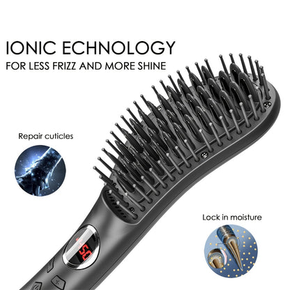 Ceramic Hair Straightener Brush 30 Sec Fast Heat Anti-Scald Straightening Comb with Soft Touch Body for Home Travel Salon Use Women Gift Black