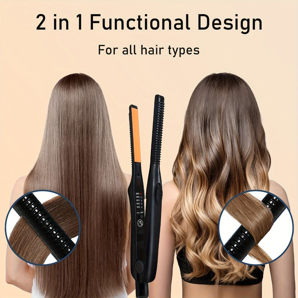 Ultra-thin 2-in-1 Hair Straightener Curler, Mini Curling and Straightening Wet and Dry Straightening Iron - Portable Flat Iron for Short Hair and Beard