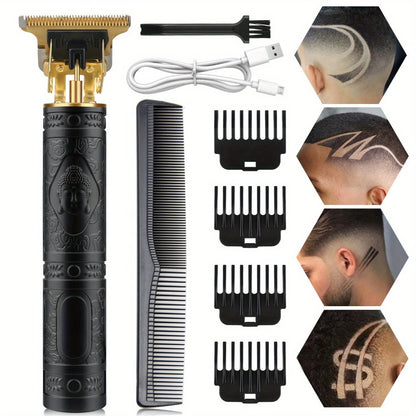 Electric Hair Trimmer for Men - Retro T-Blade Clipper, USB Rechargeable 1000mAh, 4 Guide Combs, 240-Min Runtime, Dragon & Buddha Designs, Black Bronze Blue Purple