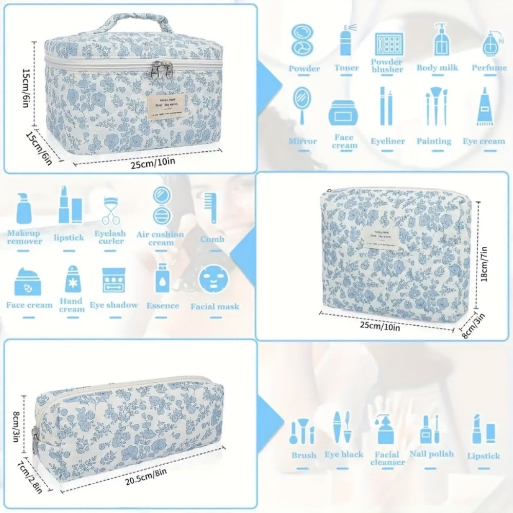 Large Capacity Floral Pattern Quilted Makeup Bag Set, 3 Counts Travel Cosmetic Bags, Stay Glam On-the-Go, Portable Zipper Makeup Organizer Pouches for Skincare, Cream, Lip Balm, Eyeliners, Makeup Tools, Makeup Container Set, Makeup Storage Organizer