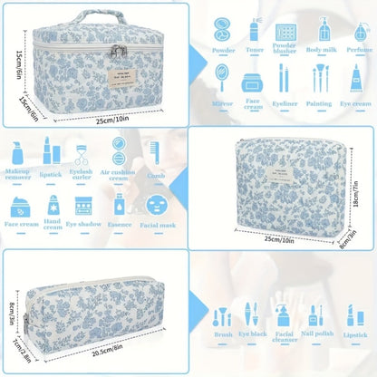Quilted Makeup Bag Set 3 Pcs Floral Pattern Large Capacity Travel Cosmetic Bag Organizer Polyester Zipper Pouch for Skincare Makeup Tools Toiletry Blue Pink Peacock
