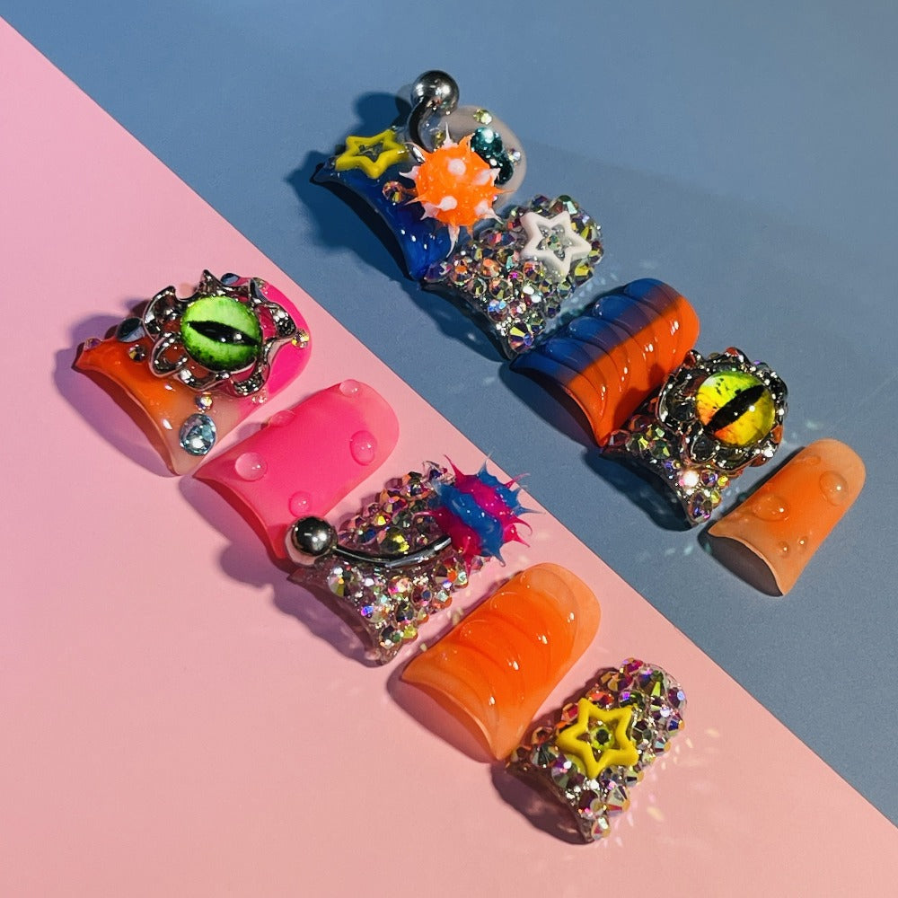 Y2K Piercing Charm Press on Nails Handmade Duck Nail with Nightmare Eye And Barbell 3D Nail Charms, Rhinestone Nails For, Trendy Party Nail Art