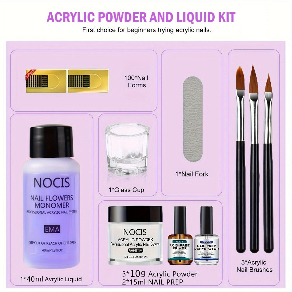 1 Set NOCIS Acrylic Nail Kit for Beginners - DIY Nail Extension, Includes 0. 33oz Clear, White, Pink Powder & Liquid, Nail Brushes, Unscented, Salon-Quality Home Manicure Tools