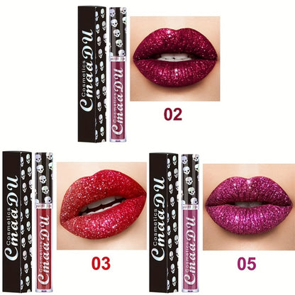 Shimmer Lip Gloss Set 3pcs Skull Design Long Lasting Liquid Lipstick Easy to Remove - Shiny Glitter Lip Color for Music Festival Rave Party Gift for Women