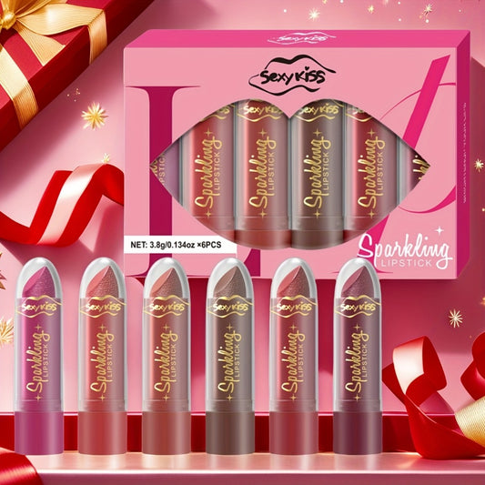 MISS FACTORX 6-Pack Shimmering Lipstick Collection, Durable & Water-Resistant Formula, Glossy Appearance, Suitable for All Skin Types, Gift Box for Adults, Assorted Colors