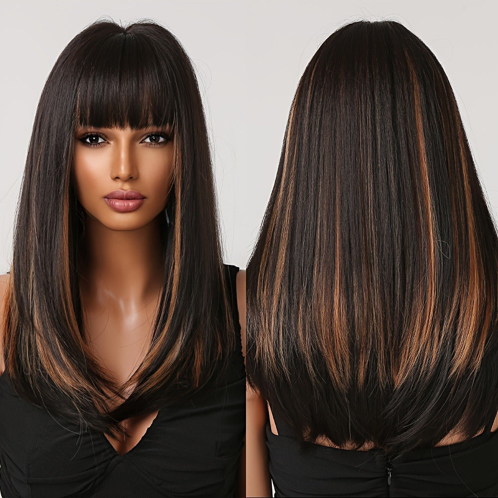 Headband Wig Synthetic Hair 24 Inch Straight with Bangs No Lace No Glue Glueless Wig Rose Mesh Cap Heat Resistant Fiber Orange Highlights Dark Brown Daily Wear Beginner Women