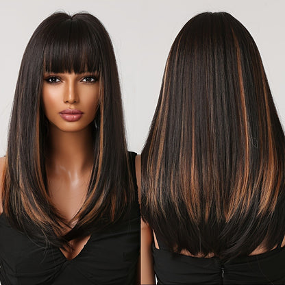 Headband Wig Synthetic Hair 24 Inch Straight with Bangs No Lace No Glue Glueless Wig Rose Mesh Cap Heat Resistant Fiber Orange Highlights Dark Brown Daily Wear Beginner Women