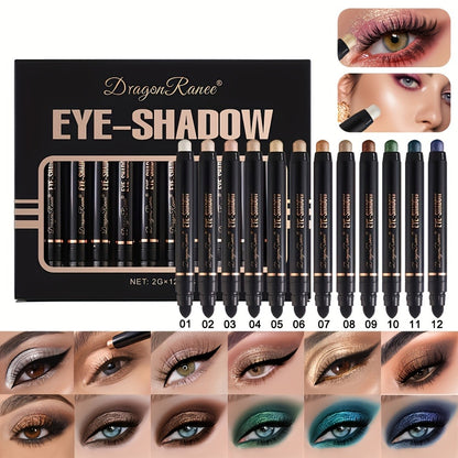 Eyeshadow Stick Set 12 Pcs — Double-Ended Shimmer Eye Shadow Pencil with Brush, Waterproof Long-Lasting Glitter Eye Makeup Kit, Squalane-Infused, Perfect Mother's Day & Stage Makeup Gift