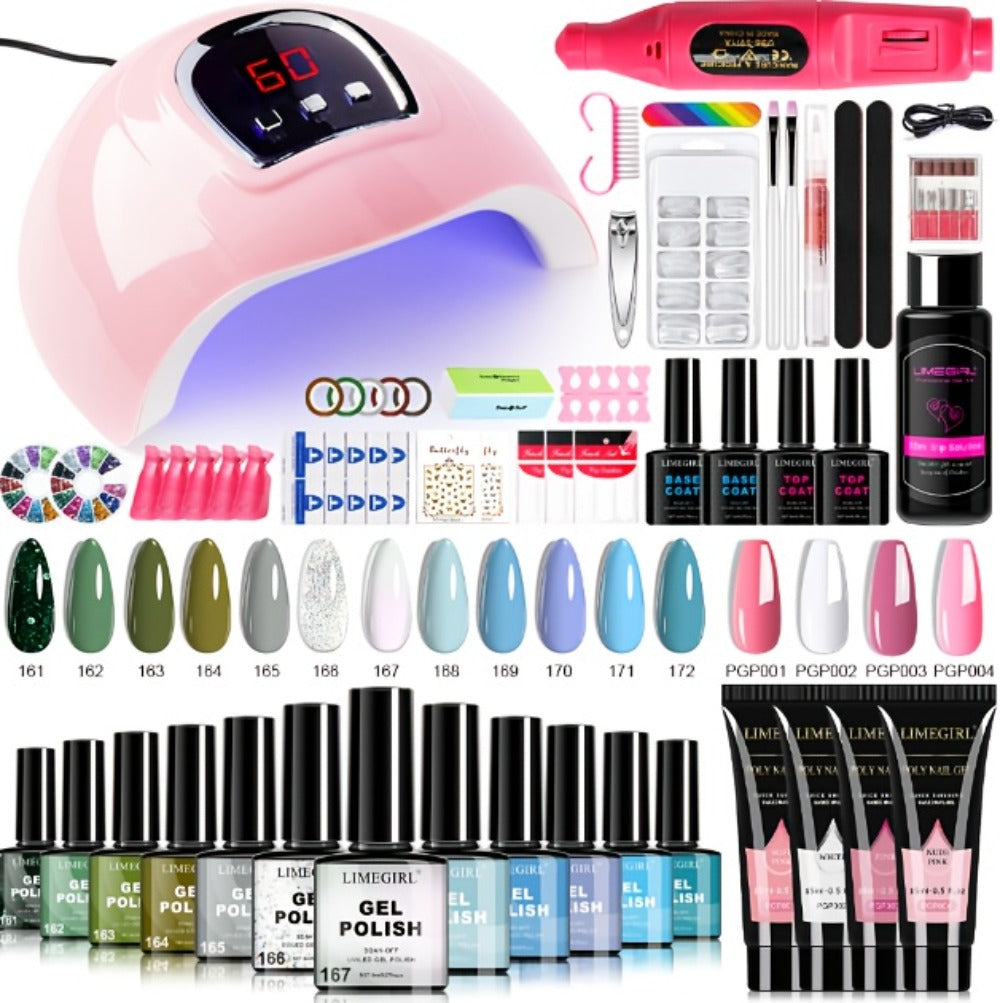 New Year 12 Colors Gel Nail Polish Kit with Nail Lamp Electric Nail Drill, 4 Colors Poly Extension Gel Nail, Nail Cutter, Nail Glitter, Top Coat Base Coat, Nail Art Design Gel Kit Valentine's Day Gift