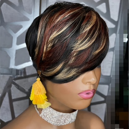 Short Pixie Cut Wig with Bangs Black & Blonde — Layered Style, Brown Blonde Mix, Rose Net Cap, Synthetic Wig for Black Women, 4 Inch Daily Wear