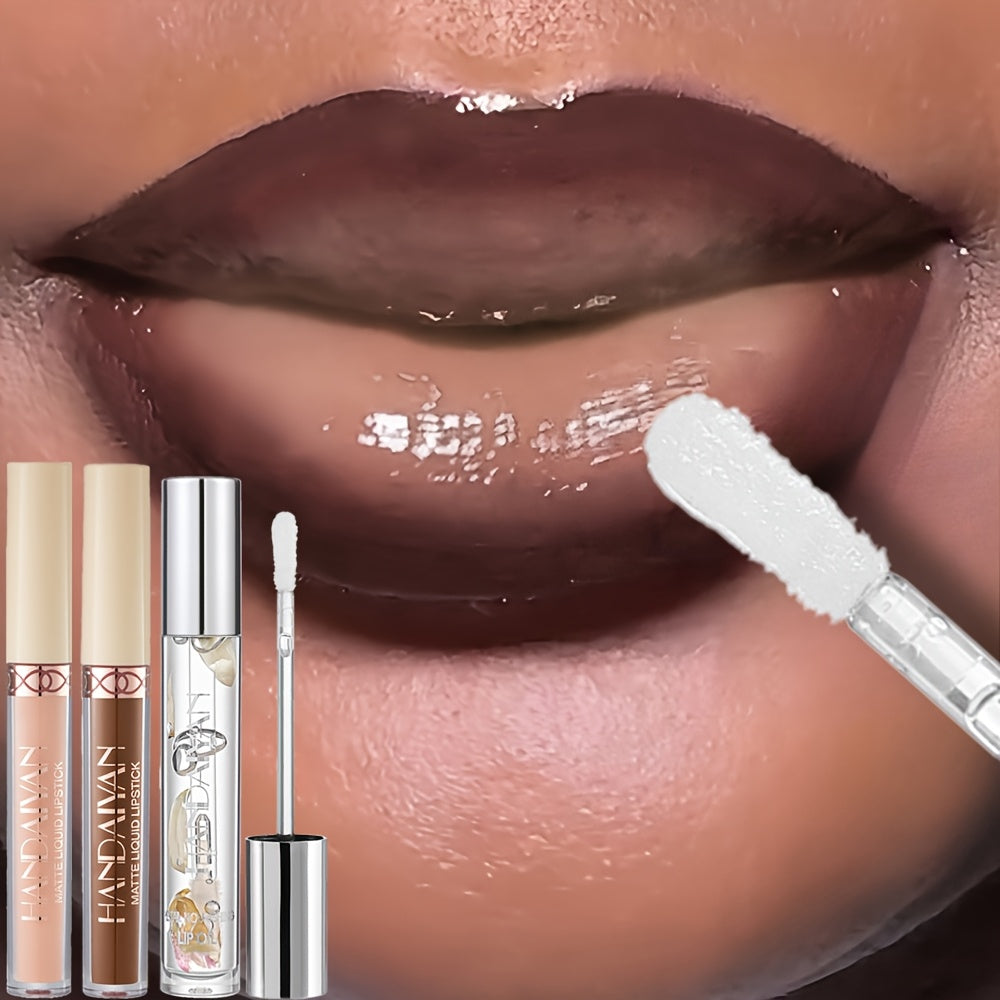3pcs Matte Lip Gloss And Lip Oil Set - Waterproof Long-Lasting, Non-Sticky Velvet End, Mixed Shades ( Matte Lip Liner And Gloss Combo) for Party, Festival, Christmas, Halloween Daily Makeup & Daily Wear