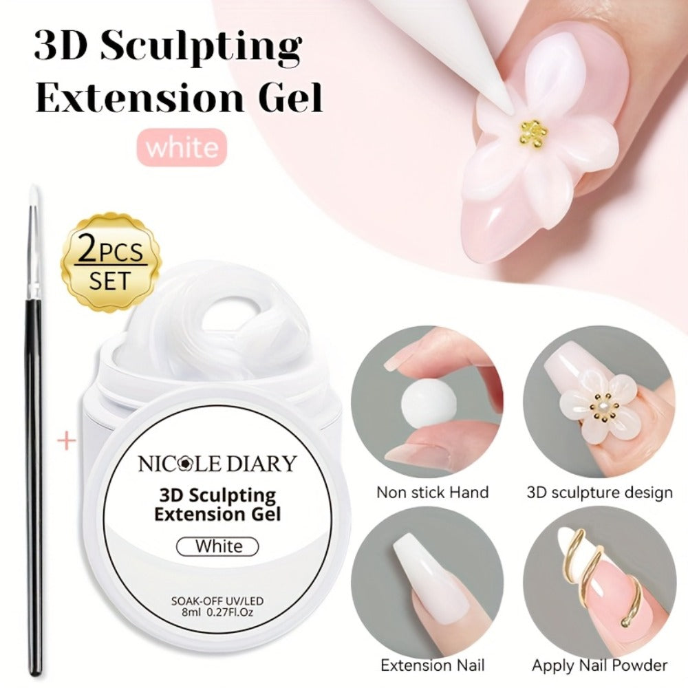 NICOLE DIARY 2pcs/3pcs 3D Carving Nail Gel Polish with Carving Pen White Clear 3D Sculpting Flower Gel Extension Gel Nail Nail Art Carving Gel Modeling Gel Nail Polish Manicure Nail Salon Home Use