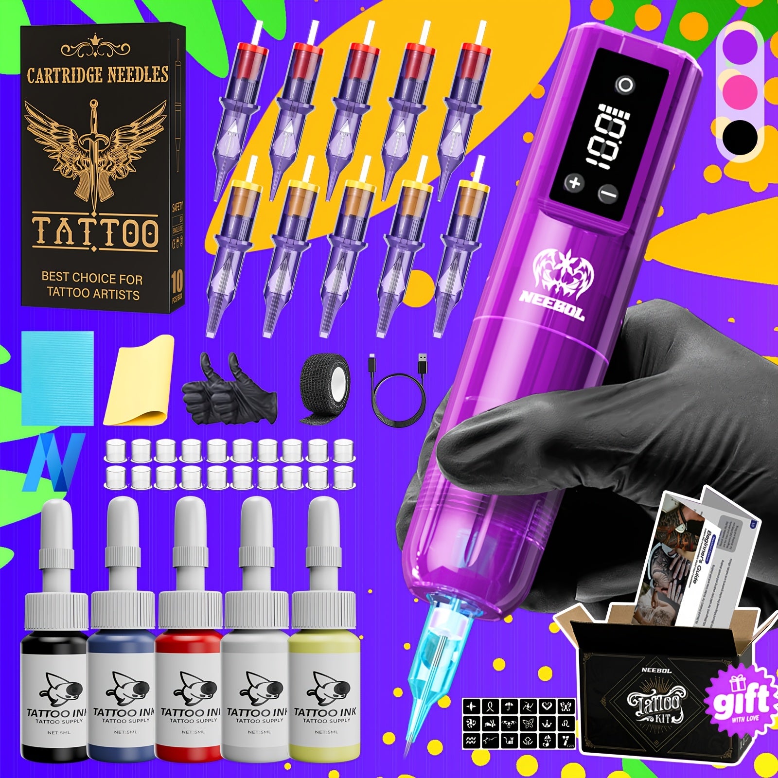Neebol Tattoo Machine Kit Complete Set, Cordless Tattoo Pen with Screen Display, 6-8 Hours Battery, Wireless Rotary Tattoo Gun Set, 10/20 Tattoo Cartridge Needles, 7 Tattoo Inks, Full Tattoo Supplies for Beginners And Artists, Body Art Makeup Gift