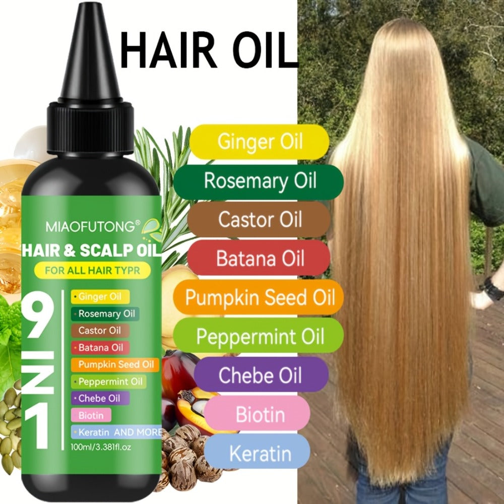 Hair Care Oil 9-in-1 with Turmeric, Rosemary, Castor & Biotin - Deep Hydration, Frizz Control & Smoothness for All Hair Types, Plant-Based Squalane, 100ml