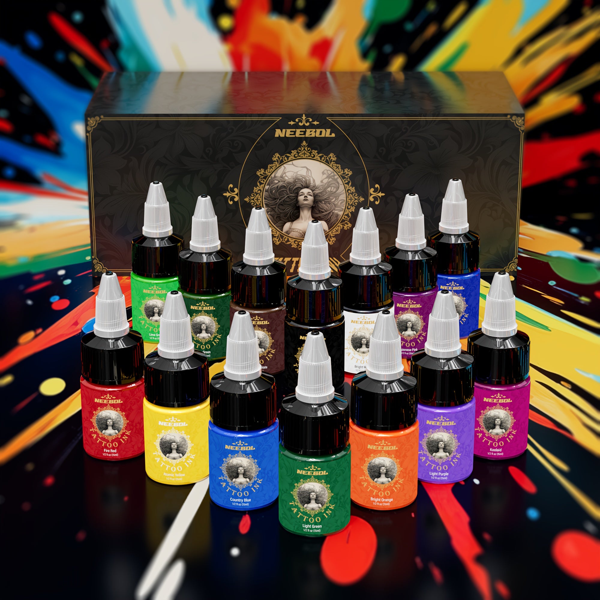 14/21 Color Ink Set Neebol Tattoo Ink 0.5oz/ 15ml Per Bottle Long-Lasting Vibrant Tattoo Ink Colors Kit Tattoo Supply Accessories Suitable for Various Tattoo Styles And Patterns Body Art Makeup Easter Gifts for Beginners And Artists
