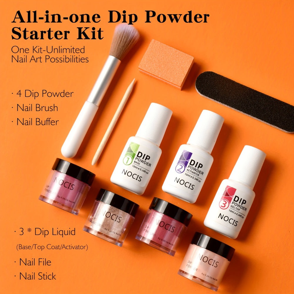 NOCIS 11pcs Dip Powder Nail Kit: Classic Brown Nude Collection, Glitter, Neutral Skin Tone, No-Odor, Beginner Friendly, French Nail Art Manicure Gift Set