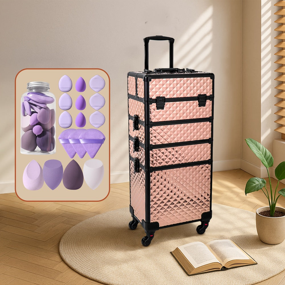 All-In-One Makeup Kit : 4-In-1 Rolling Makeup Train Case with Beauty Sponge, Large Portable Cosmetic Trolley with 360° Wheels, Professional Salon & Travel Storage Organizer