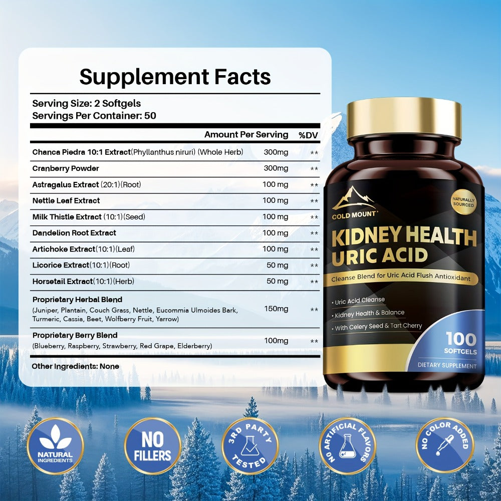 Cold Mount Uric Acid Balance Supplement, Kidney Health, Cardiovascular Health, Antioxidant, With Tart Cherry, Celery Seed & Citric Acid, 100 Soft Capsules, 50 Day Supply