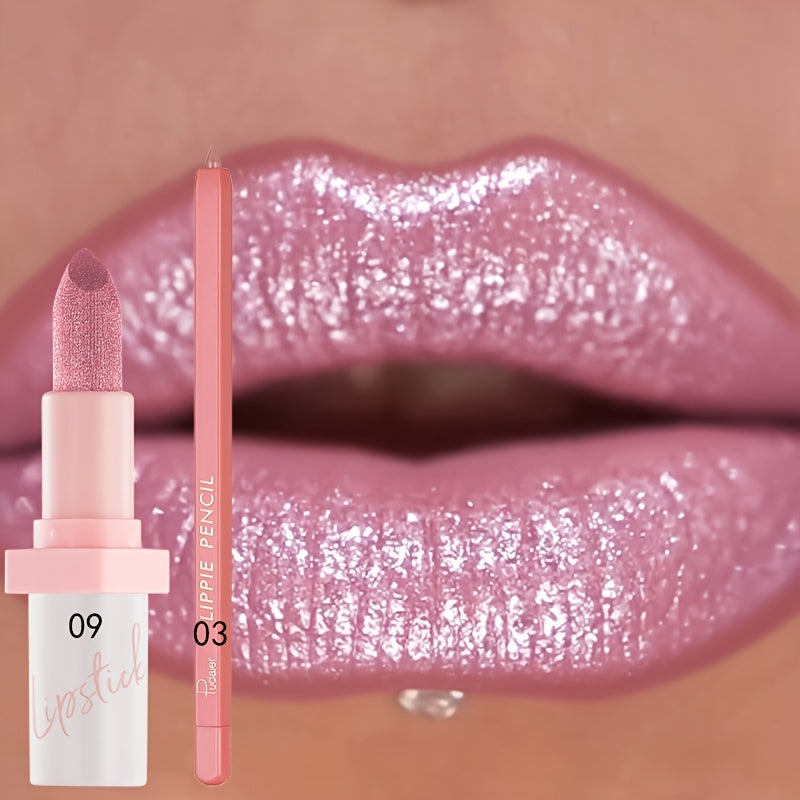 Glitter Lip Gloss and Lip Liner Set 2-Piece - Berry Shine Diamond Glitter, Hydrating Long Lasting Squalane Formula, 10 Color Combos