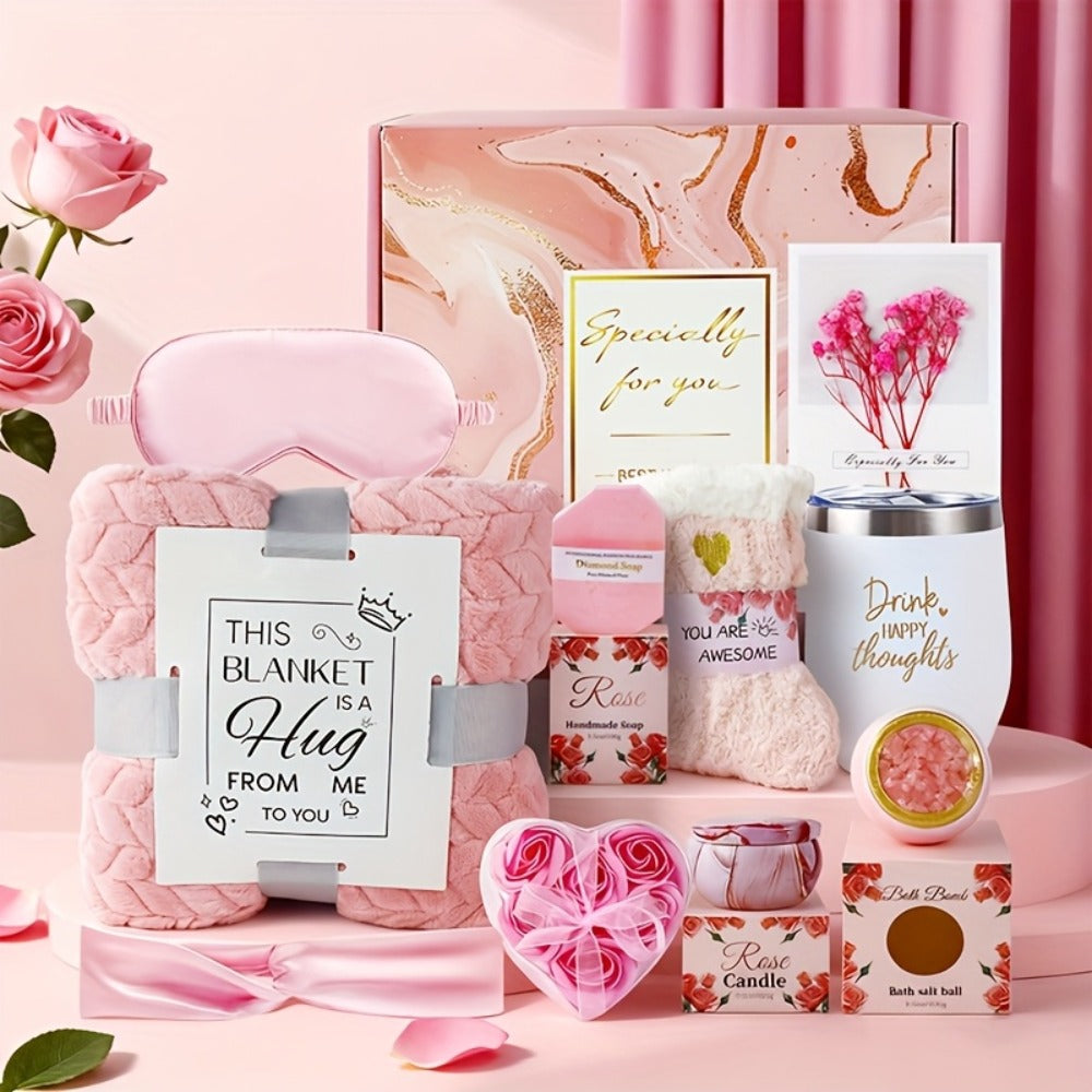 Bath Gift Set with Rose Scented Candles, Dried Flowers, Bath Salt Balls, Water Cups, Eye Masks, Gift Cards, Blankets, Soaps, Socks, Hair Ribbons, Can Be Used As Birthday, Christmas, Mother's Day, Valentine's Day Gifts for Family, Friends