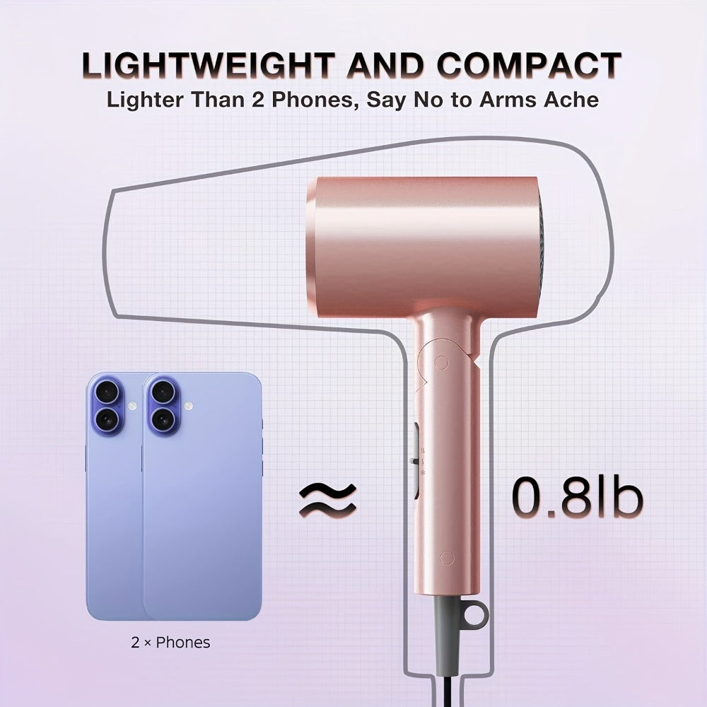 1875W High-Power Pink Travel Hair Dryer, Foldable Design, with Diffuser And Focusing Nozzle, Compact Powerful Ion Hair Dryer, 3-Speed Temperature Control And 2-Speed Wind Speed, Fast Drying Hair