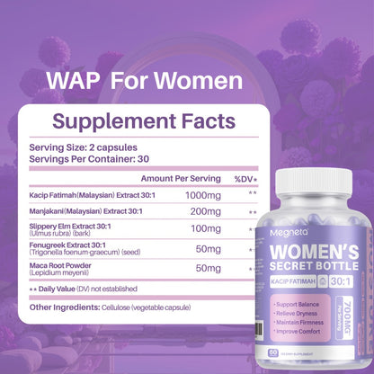 Women's Wellness Supplement 30 Servings - Kacip Fatimah Fenugreek Slippery Elm Bark Manjakani & Maca Root - Natural Hydration Comfort Elasticity & Hormonal Balance Formula