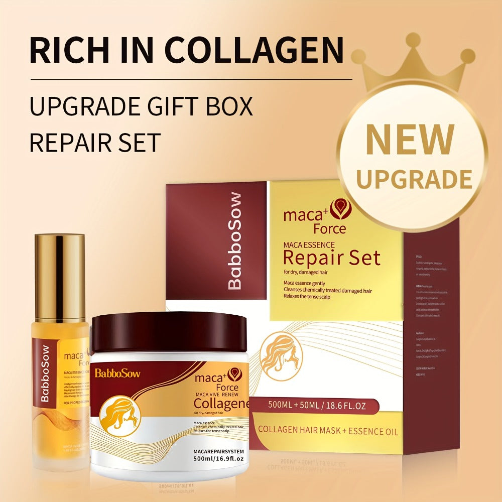 Hair Mask with Argan Oil Set — Collagen & Keratin Deep Conditioning Treatment, Repairs Damaged Dry Hair, Restores Shine & Strength, Maca Collagen Essence, 500ml + Essential Oil, Gift for Women