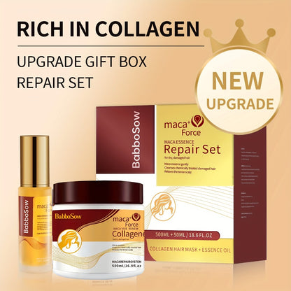 Hair Mask with Argan Oil Set — Collagen & Keratin Deep Conditioning Treatment, Repairs Damaged Dry Hair, Restores Shine & Strength, Maca Collagen Essence, 500ml + Essential Oil, Gift for Women