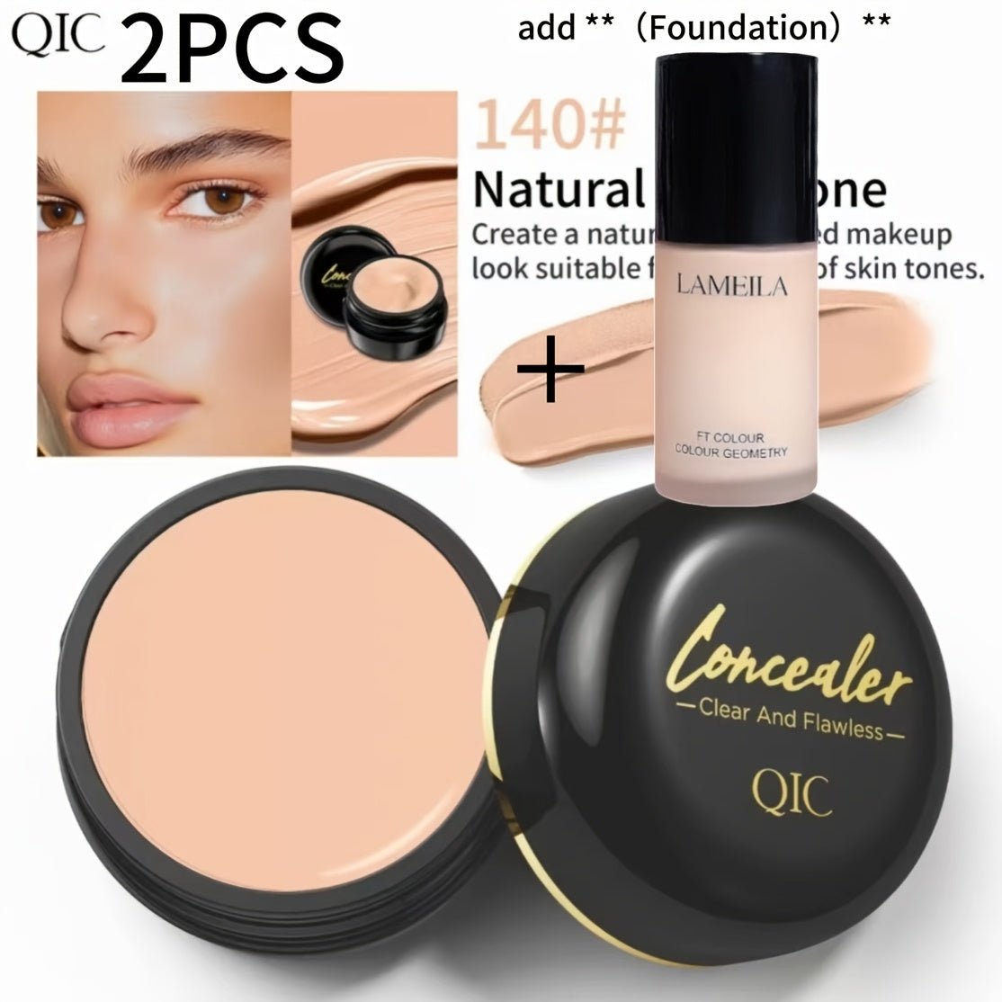 2pcs QIC Full Coverage Concealer Cream - Waterproof Matte Finish, Plant-Based Formula with Multi-Color Options ( to Dark) for All Skin Tones | Buildable Coverage Suitable for, Dark Spots, & Blemishes