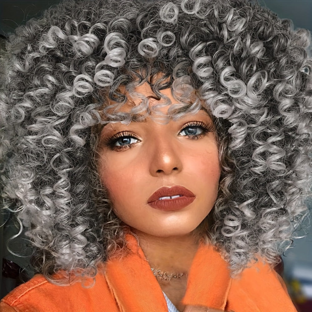 Afro Kinky Curly Wig for Black Women — Short Synthetic Wig with Bangs, 180% High Density, Natural Fluffy Curls, Stretch Cap, Daily Wear & Party, Fits All Head Sizes