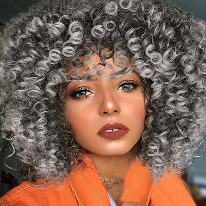 Afro Kinky Curly Wig for Black Women — Short Synthetic Wig with Bangs, 180% High Density, Natural Fluffy Curls, Stretch Cap, Daily Wear & Party, Fits All Head Sizes