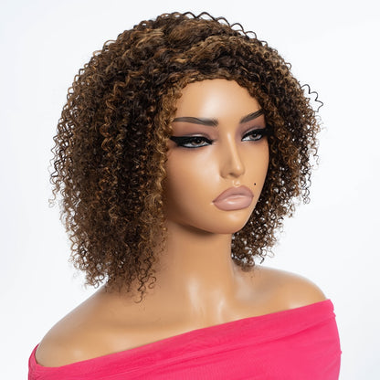 Jerry Curl Human Hair Wig with Bangs Glueless Short Kinky Curly Brazilian Remy Highlight Wig 12 Inch Women P4/30/27 P1B/30 Natural Voluminous Look